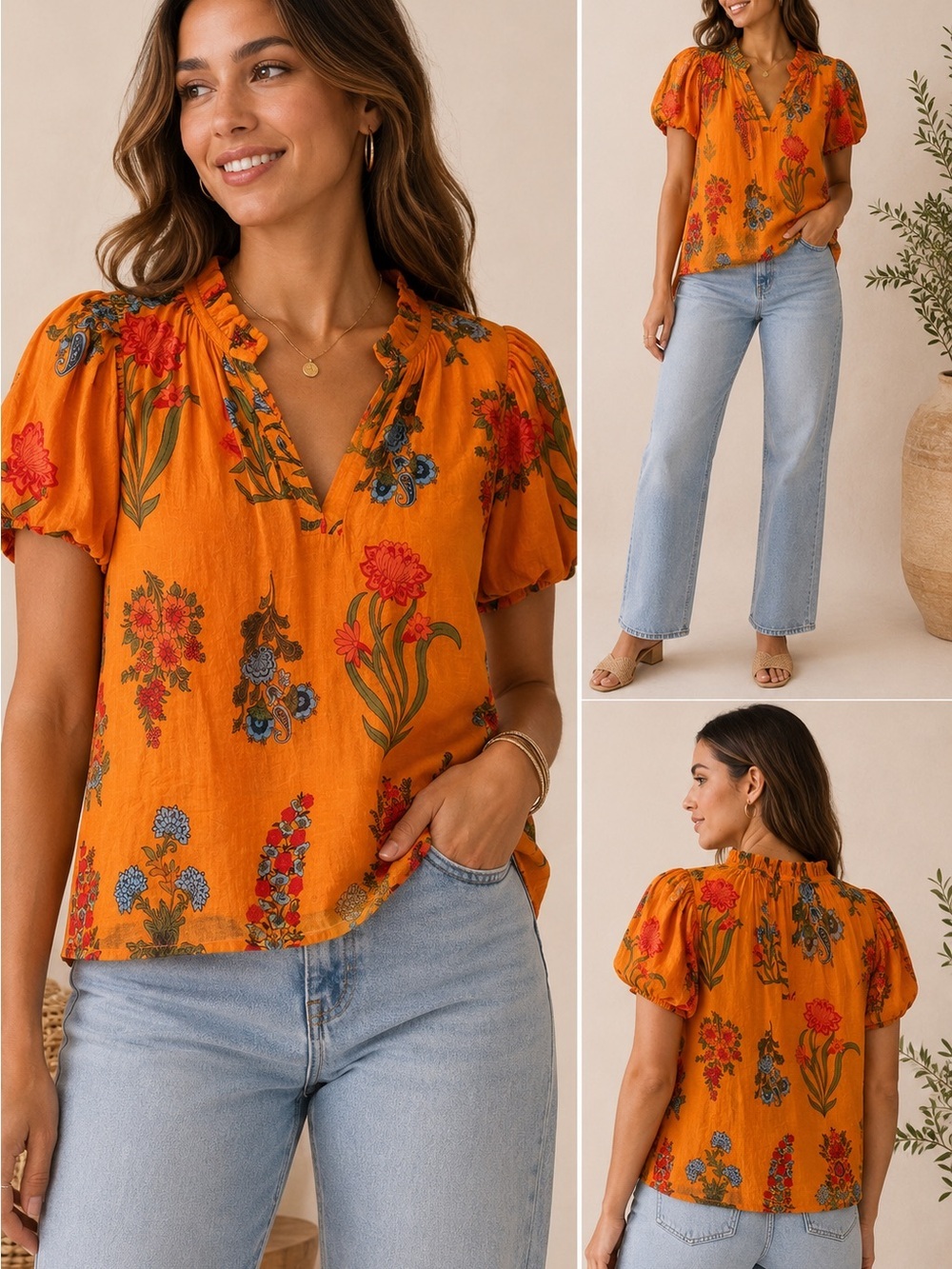 THML Orange Floral Paisley Boho Split Neck Puff Sleeve Blouse XS